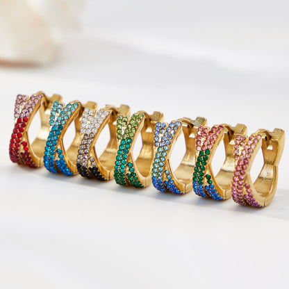 316L Stainless Steel 18K Gold Plated Colorful Zircon Criss-Cross Huggie Hoop Earrings - Image 28