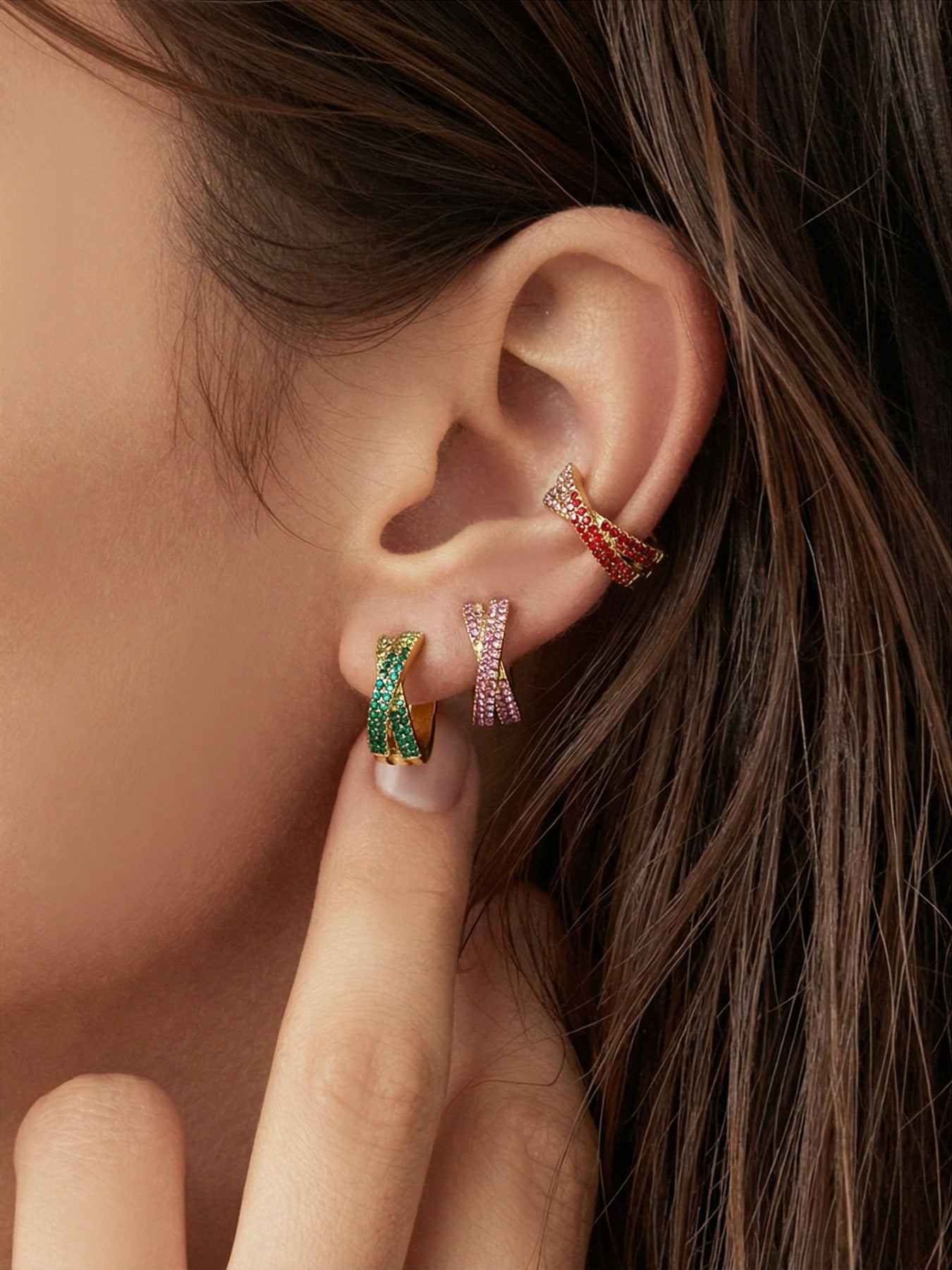 316L Stainless Steel 18K Gold Plated Colorful Zircon Criss-Cross Huggie Hoop Earrings - Image 3