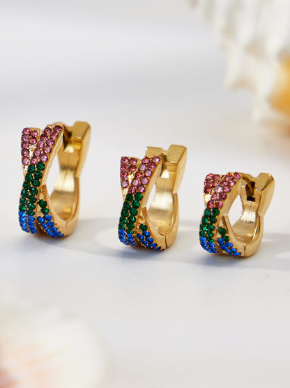 316L Stainless Steel 18K Gold Plated Colorful Zircon Criss-Cross Huggie Hoop Earrings - Image 4