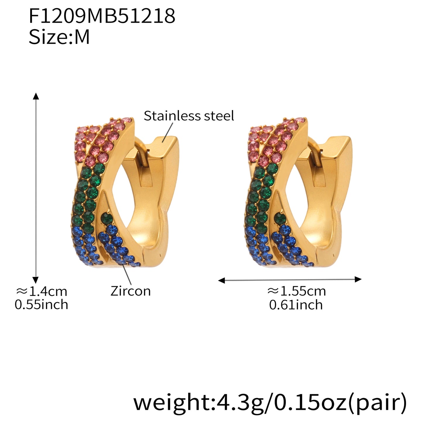 316L Stainless Steel 18K Gold Plated Colorful Zircon Criss-Cross Huggie Hoop Earrings - Image 5