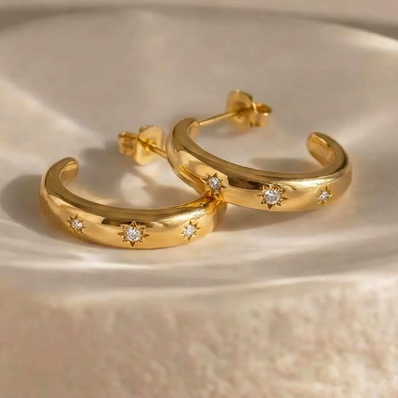 316L Stainless Steel 18K Gold Plated Cubic Zirconia C-Shape Studs - Image 2