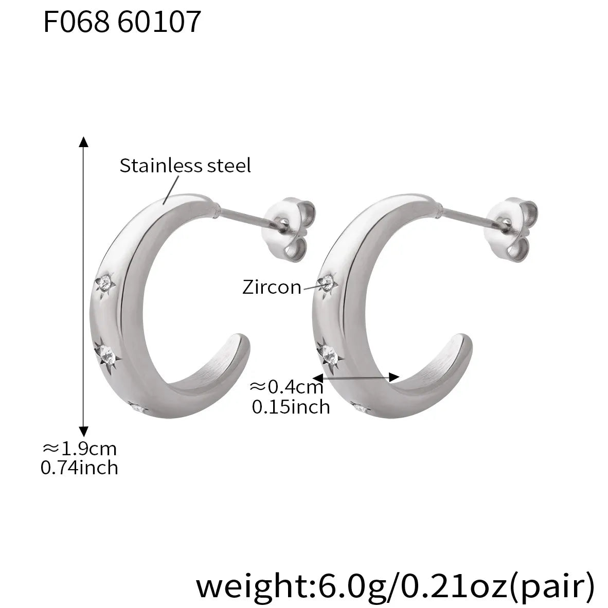 316L Stainless Steel 18K Gold Plated Cubic Zirconia C-Shape Studs - Image 6