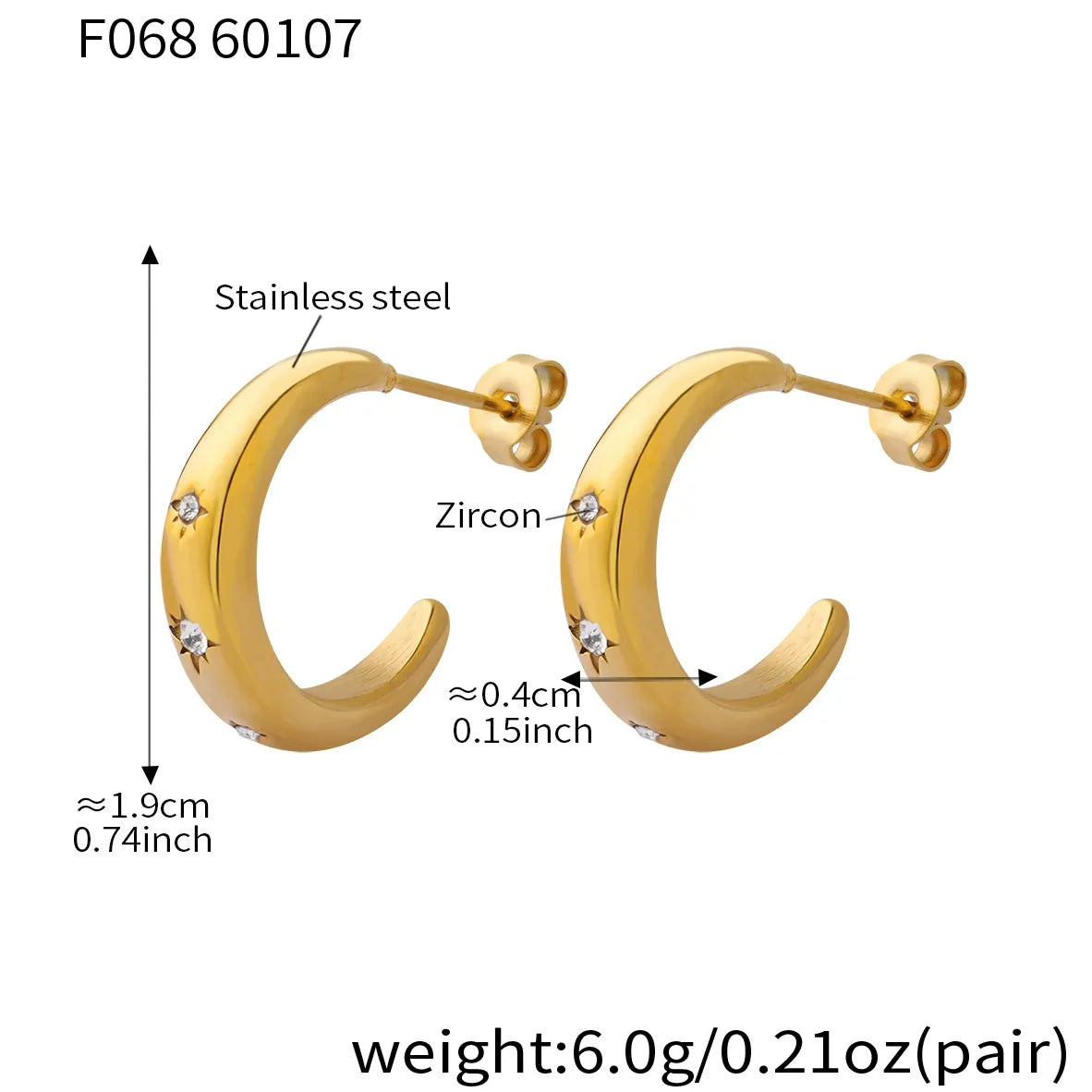 316L Stainless Steel 18K Gold Plated Cubic Zirconia C-Shape Studs - Image 7