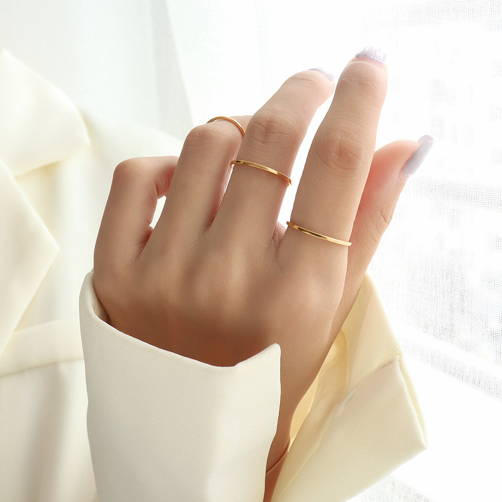 316L stainless steel 18K Gold Plated Dainty Minimalist Band Ring modeled styling view for wholesale ring buyers