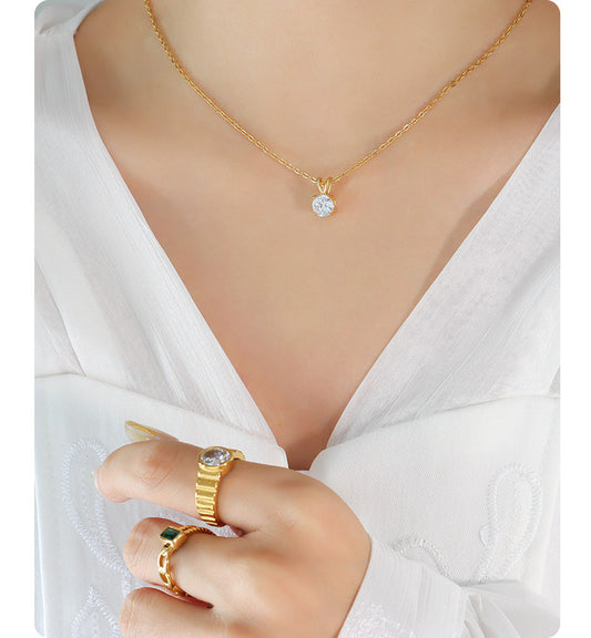 316L Stainless Steel 18K Gold Plated Dainty Solitaire Zircon Necklace - Image 2