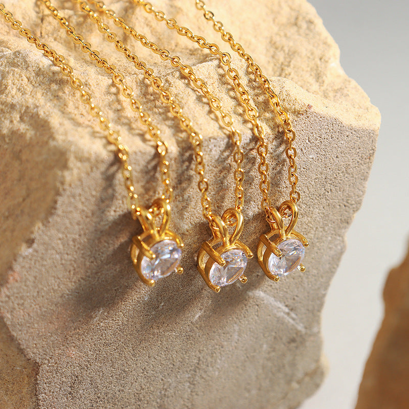 316L Stainless Steel 18K Gold Plated Dainty Solitaire Zircon Necklace - Image 3