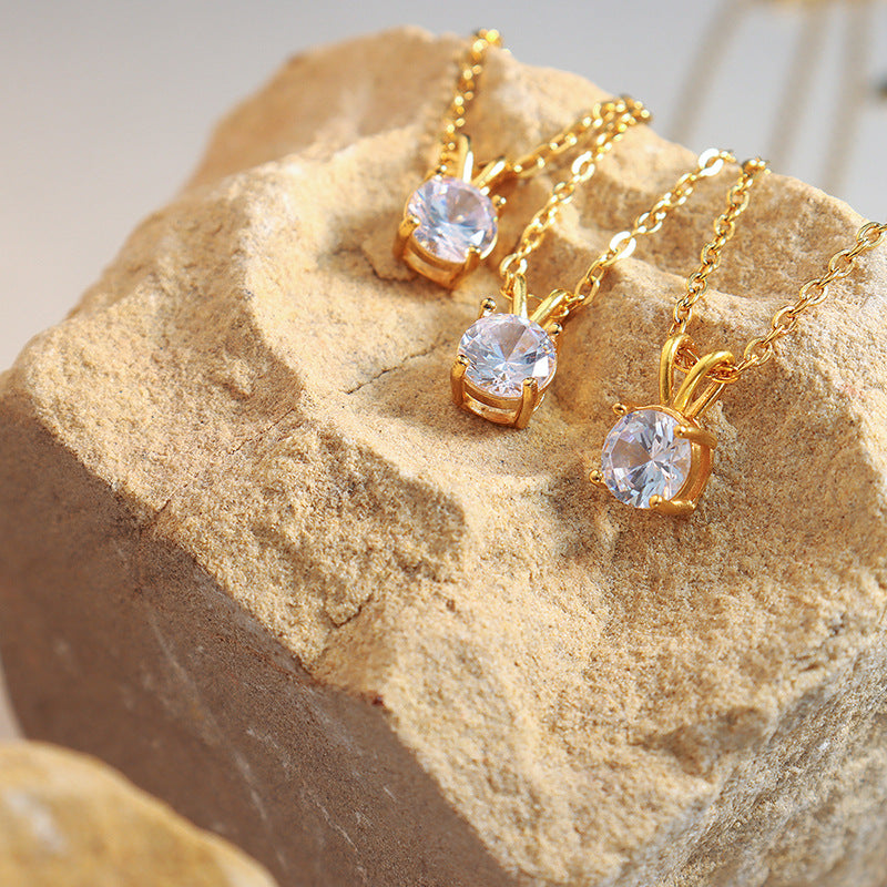 316L Stainless Steel 18K Gold Plated Dainty Solitaire Zircon Necklace - Image 4