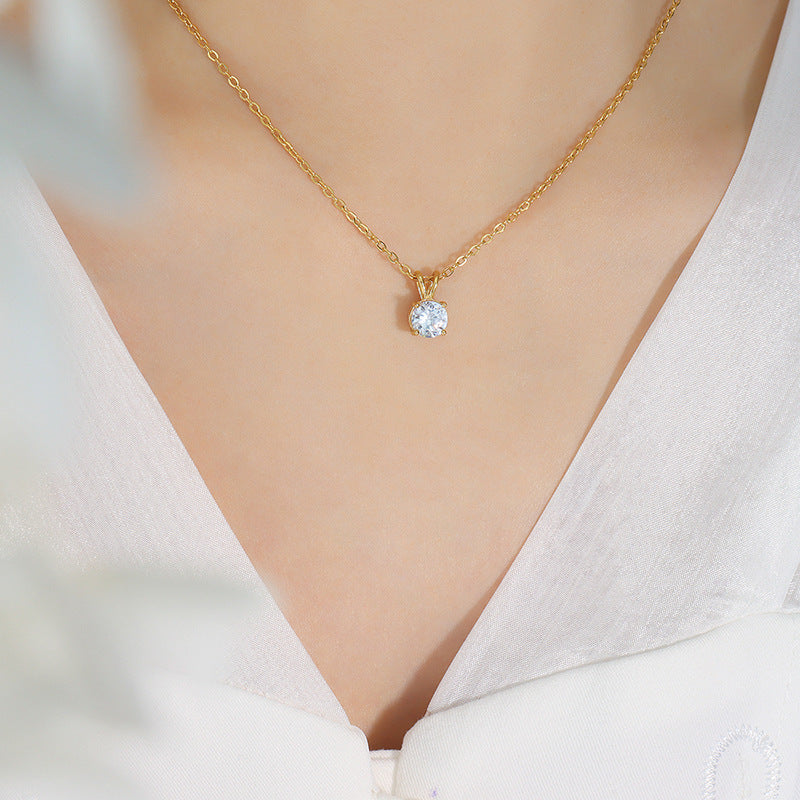 316L Stainless Steel 18K Gold Plated Dainty Solitaire Zircon Necklace - Image 7