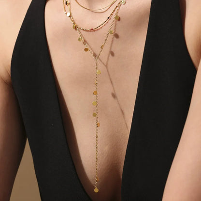 316L Stainless Steel 18K Gold Plated Disc Lariat Necklace - Image 4