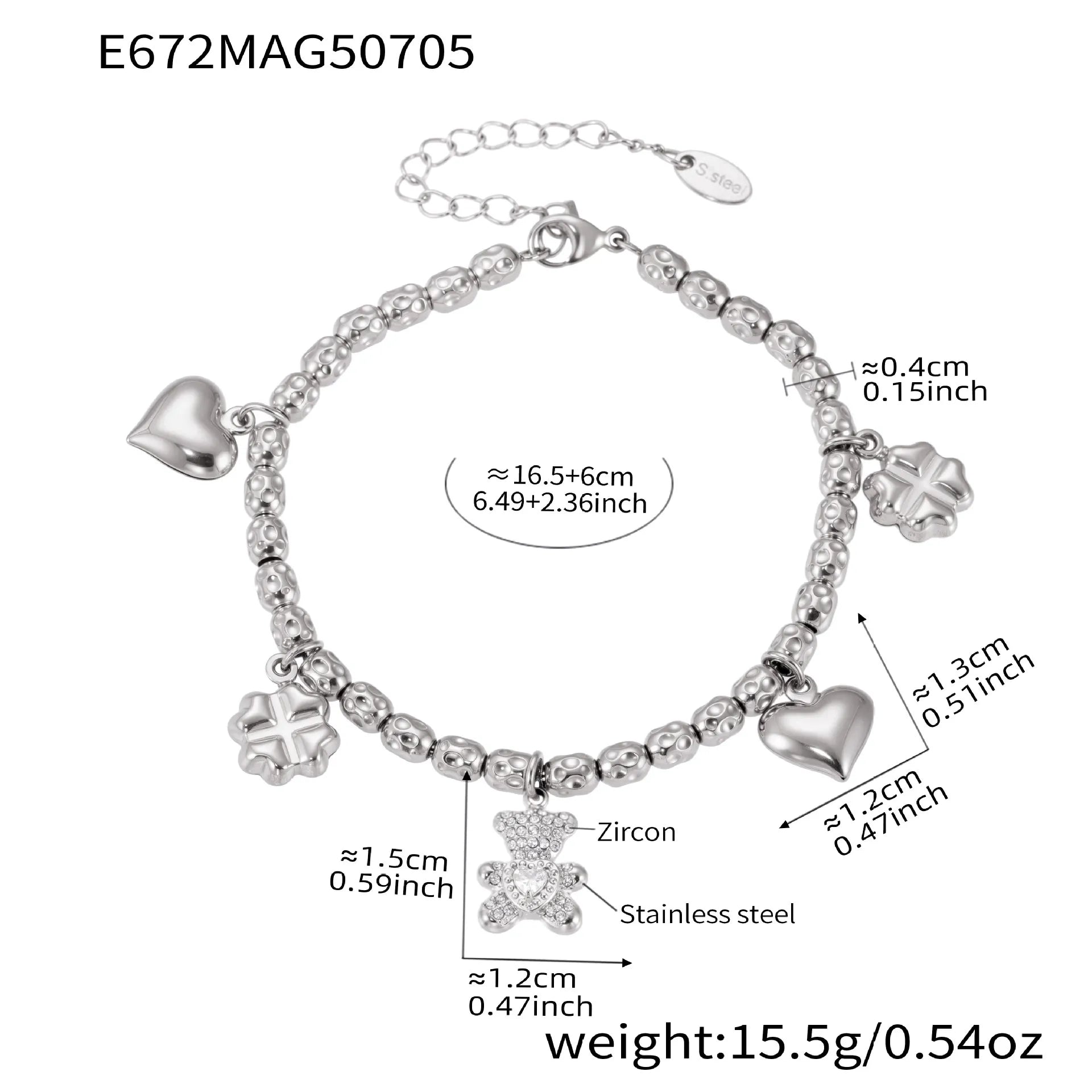 316L Stainless Steel 18K Gold Plated DIY Heart & Bear Charm Bracelet Set - Image 10