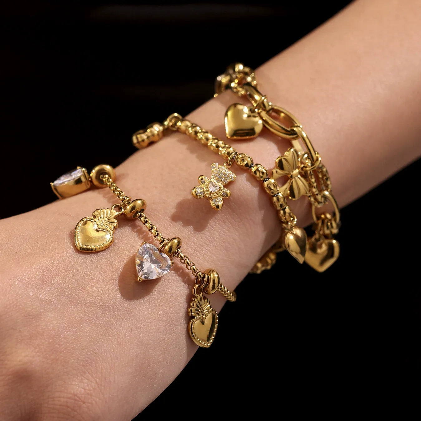 316L Stainless Steel 18K Gold Plated DIY Heart & Bear Charm Bracelet Set - Image 3