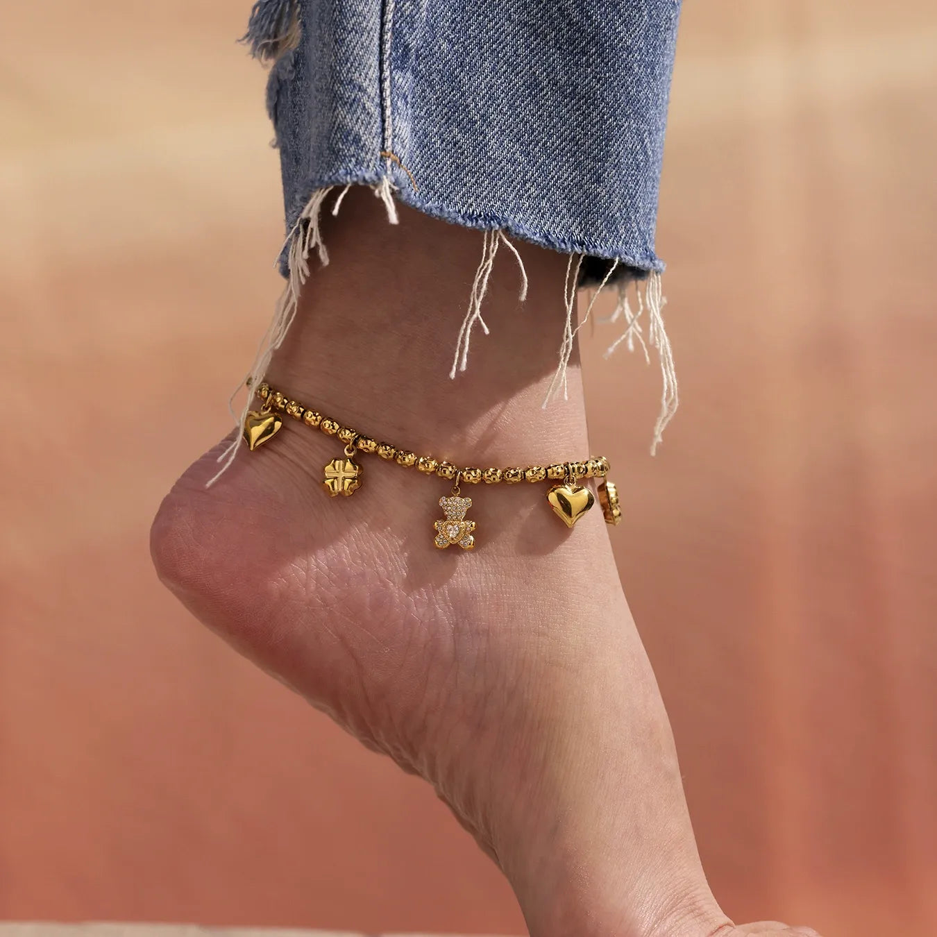 316L Stainless Steel 18K Gold Plated DIY Heart & Bear Charm Bracelet Set - Image 4