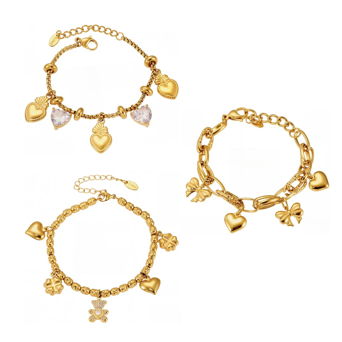 316L Stainless Steel 18K Gold Plated DIY Heart & Bear Charm Bracelet Set - Image 5
