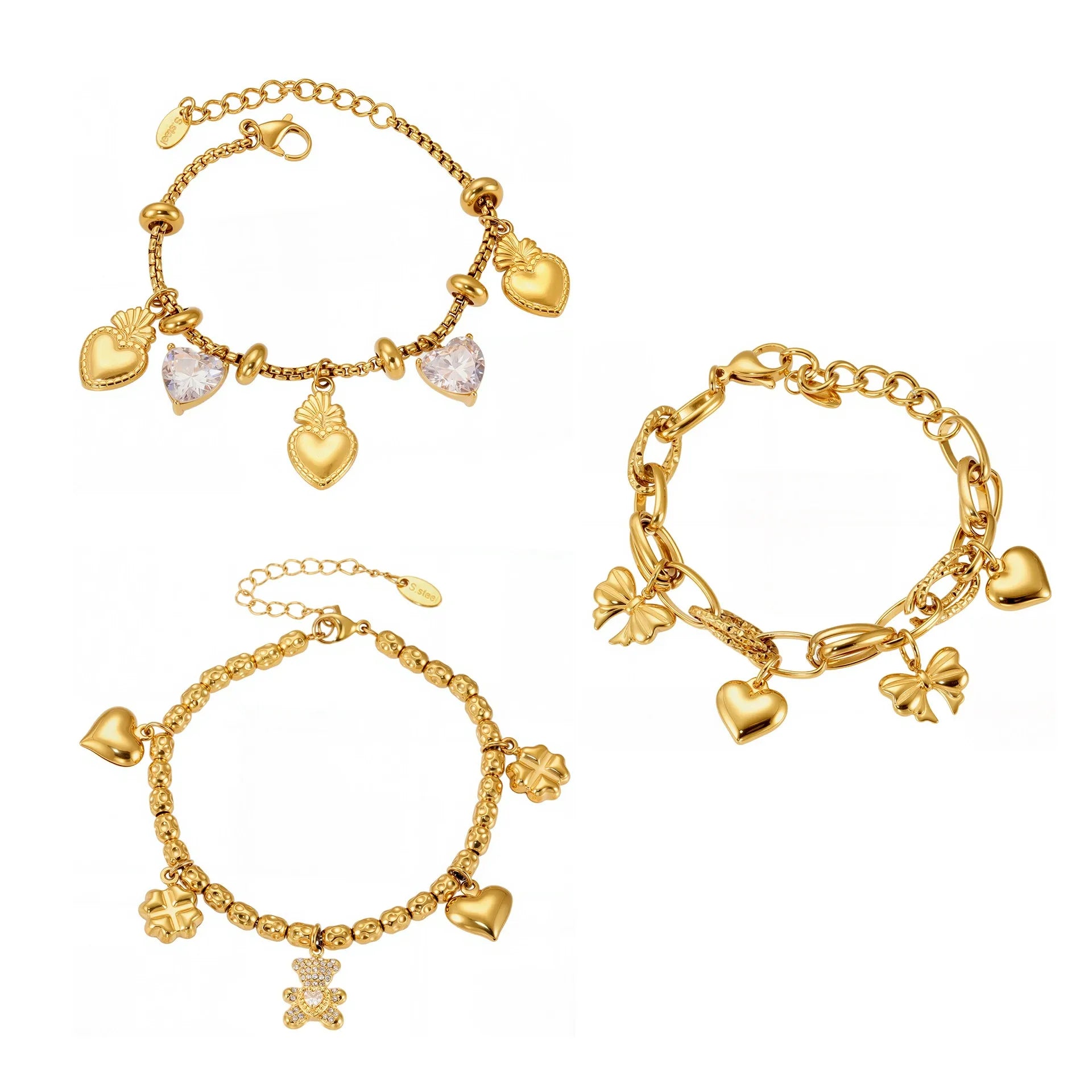 316L Stainless Steel 18K Gold Plated DIY Heart & Bear Charm Bracelet Set - Image 5