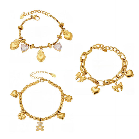 316L Stainless Steel 18K Gold Plated DIY Heart & Bear Charm Bracelet Set - Image 5