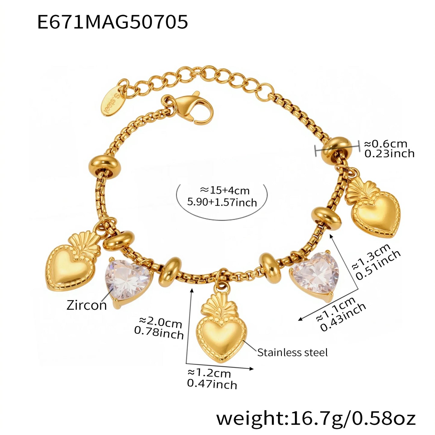 316L Stainless Steel 18K Gold Plated DIY Heart & Bear Charm Bracelet Set - Image 6