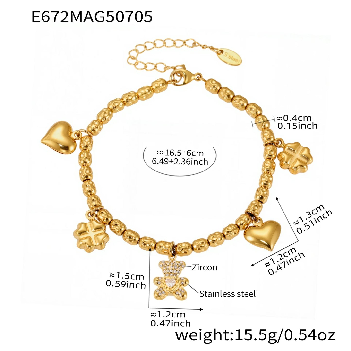 316L Stainless Steel 18K Gold Plated DIY Heart & Bear Charm Bracelet Set - Image 8