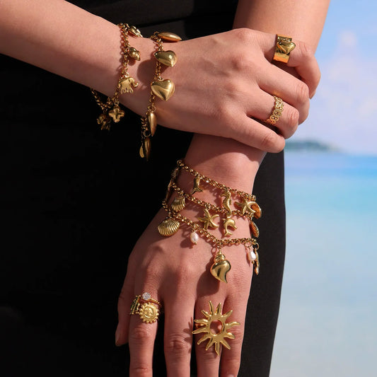 316L Stainless Steel 18K Gold Plated Elephant & Floral Charm O-Link Bracelet - Image 3