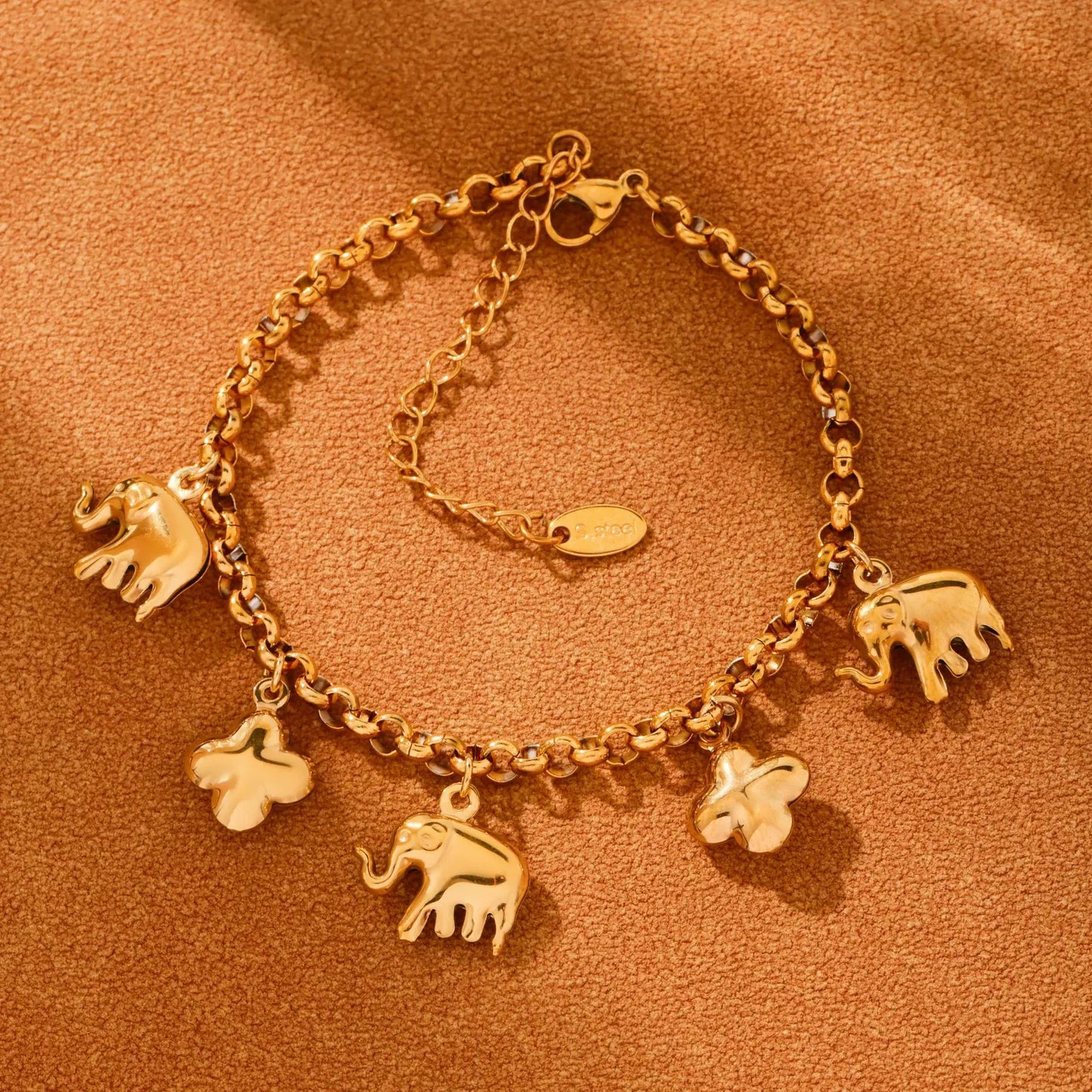 316L Stainless Steel 18K Gold Plated Elephant & Floral Charm O-Link Bracelet - Image 4