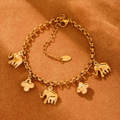316L Stainless Steel 18K Gold Plated Elephant & Floral Charm O-Link Bracelet - Image 4