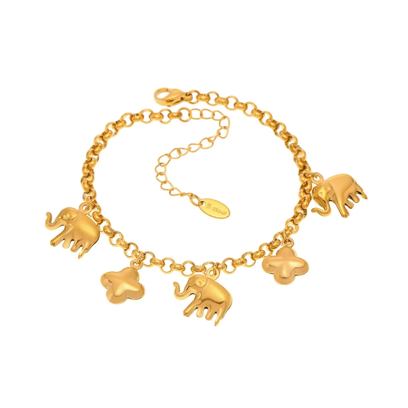 316L Stainless Steel 18K Gold Plated Elephant & Floral Charm O-Link Bracelet - Image 5