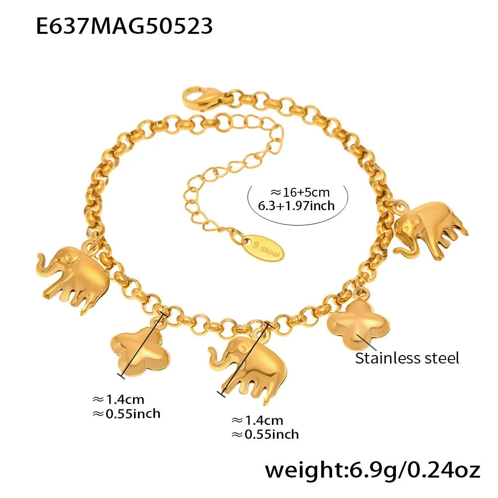 316L Stainless Steel 18K Gold Plated Elephant & Floral Charm O-Link Bracelet - Image 6