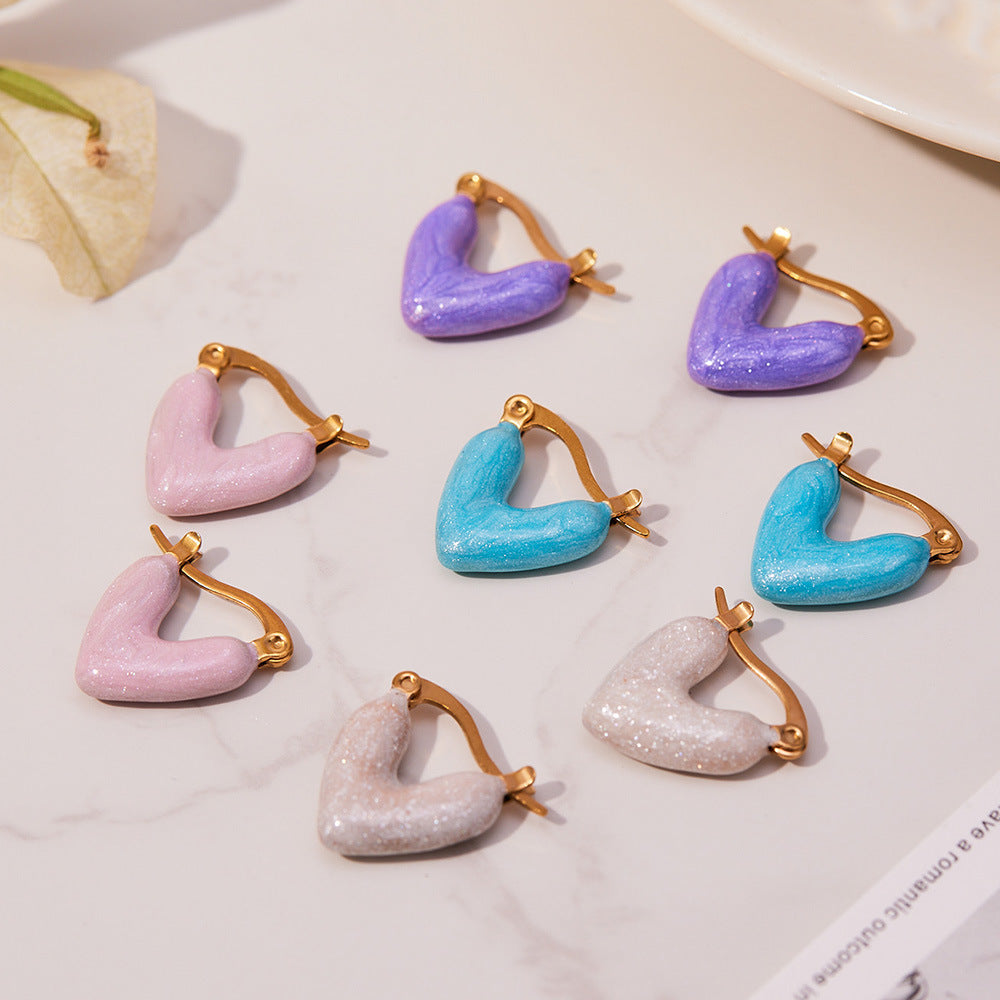 316L Stainless Steel 18K Gold Plated Enamel Heart Huggie Earrings - Image 11