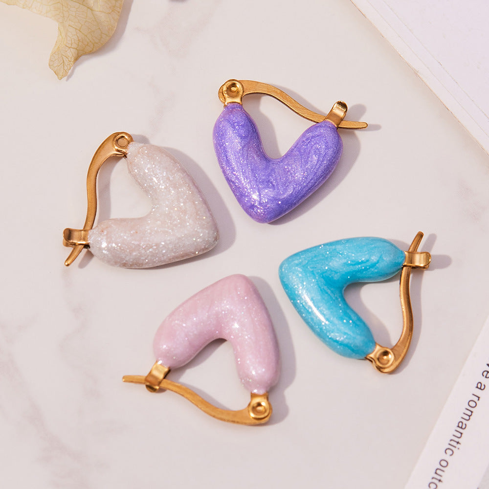 316L Stainless Steel 18K Gold Plated Enamel Heart Huggie Earrings - Image 3