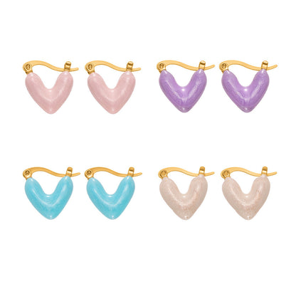 316L Stainless Steel 18K Gold Plated Enamel Heart Huggie Earrings - Image 5