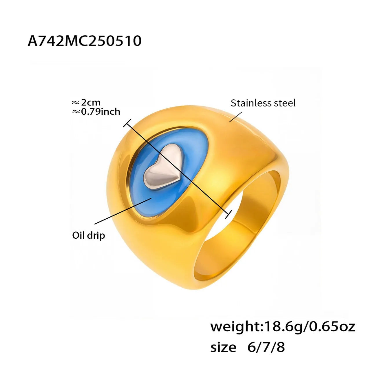 316L Stainless Steel 18K Gold Plated Enamel Heart Ring - Image 6