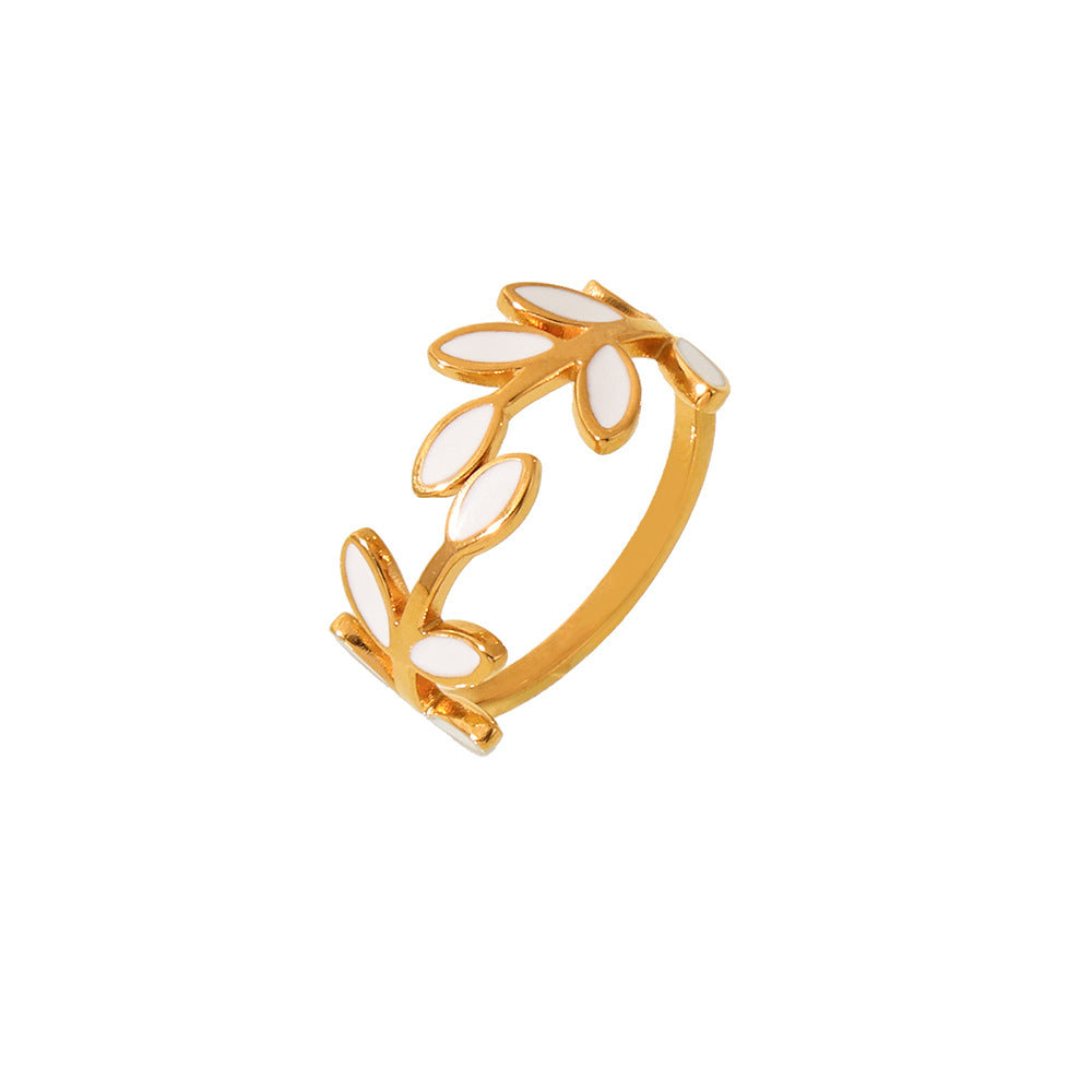 316L Stainless Steel 18K Gold Plated Enamel Leaf Ring - Image 1