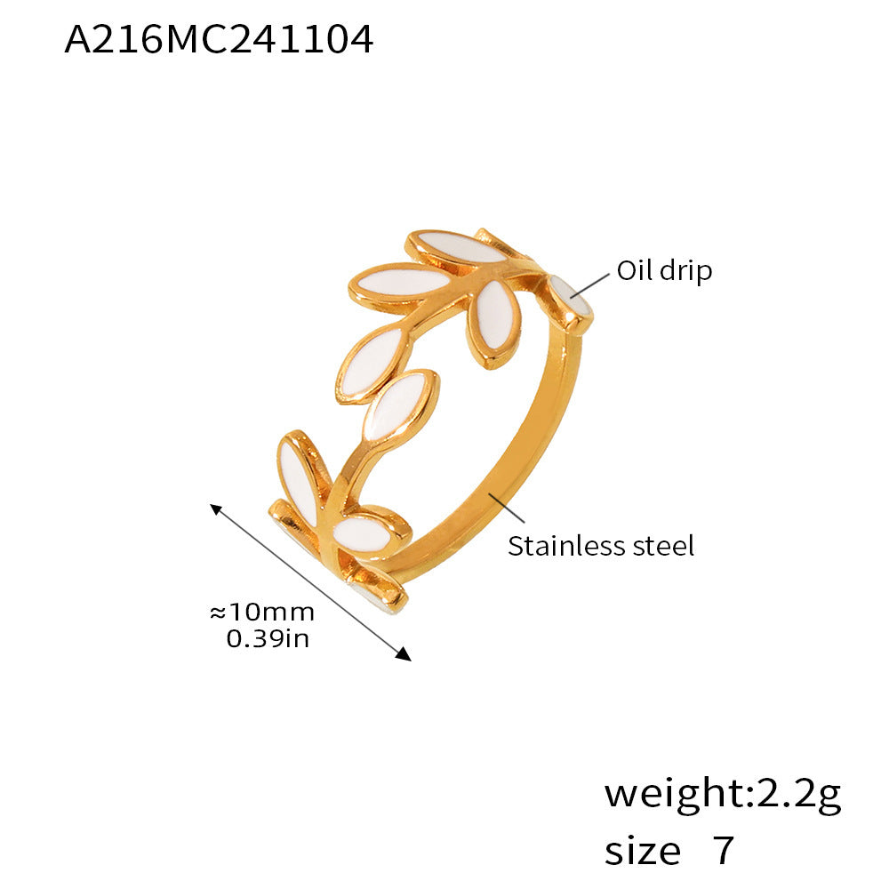 316L Stainless Steel 18K Gold Plated Enamel Leaf Ring - Image 2