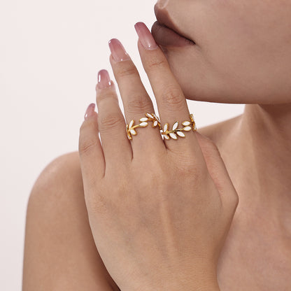 316L Stainless Steel 18K Gold Plated Enamel Leaf Ring - Image 3