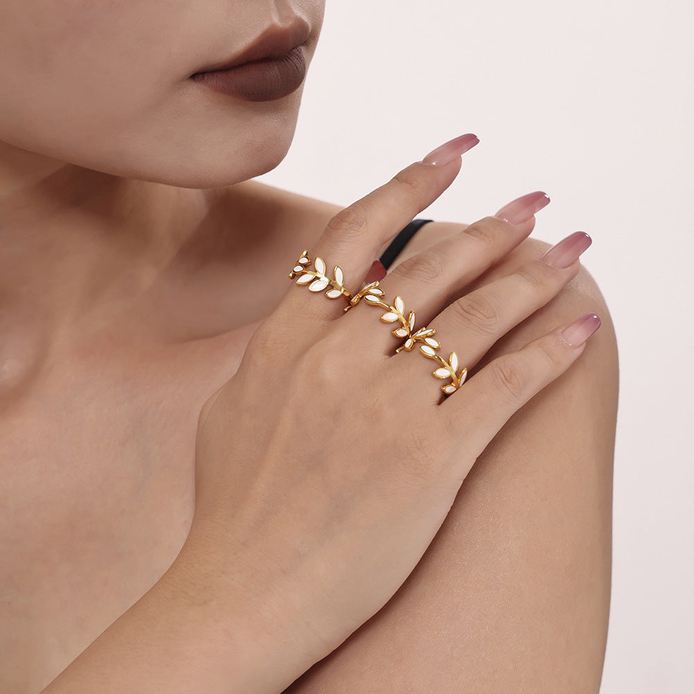 316L Stainless Steel 18K Gold Plated Enamel Leaf Ring - Image 6