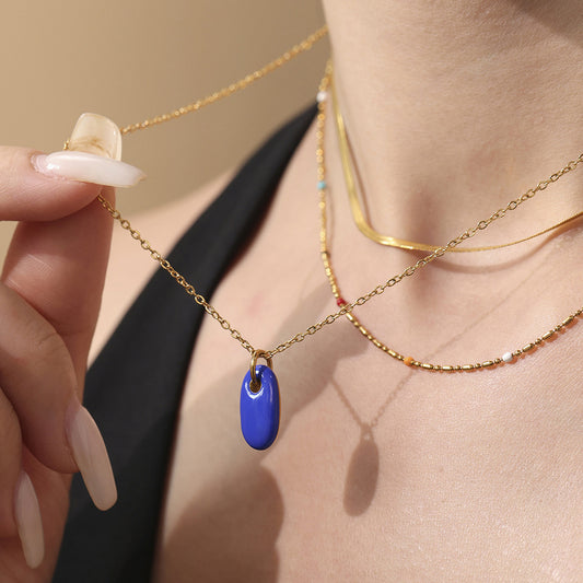 316L Stainless Steel 18K Gold Plated Enamel Oval Pendant Necklace - Image 1