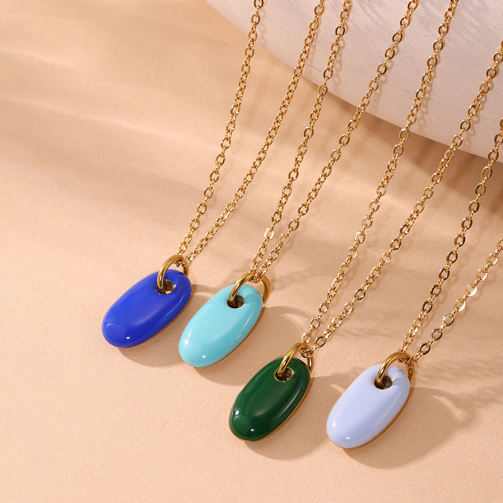 316L Stainless Steel 18K Gold Plated Enamel Oval Pendant Necklace - Image 13