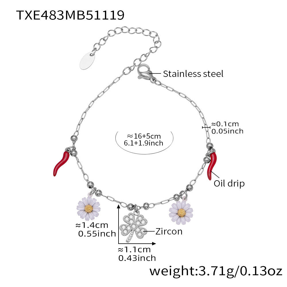 316L Stainless Steel 18K Gold Plated Enamel White Daisy & Clover Bracelet & Necklace - Image 10
