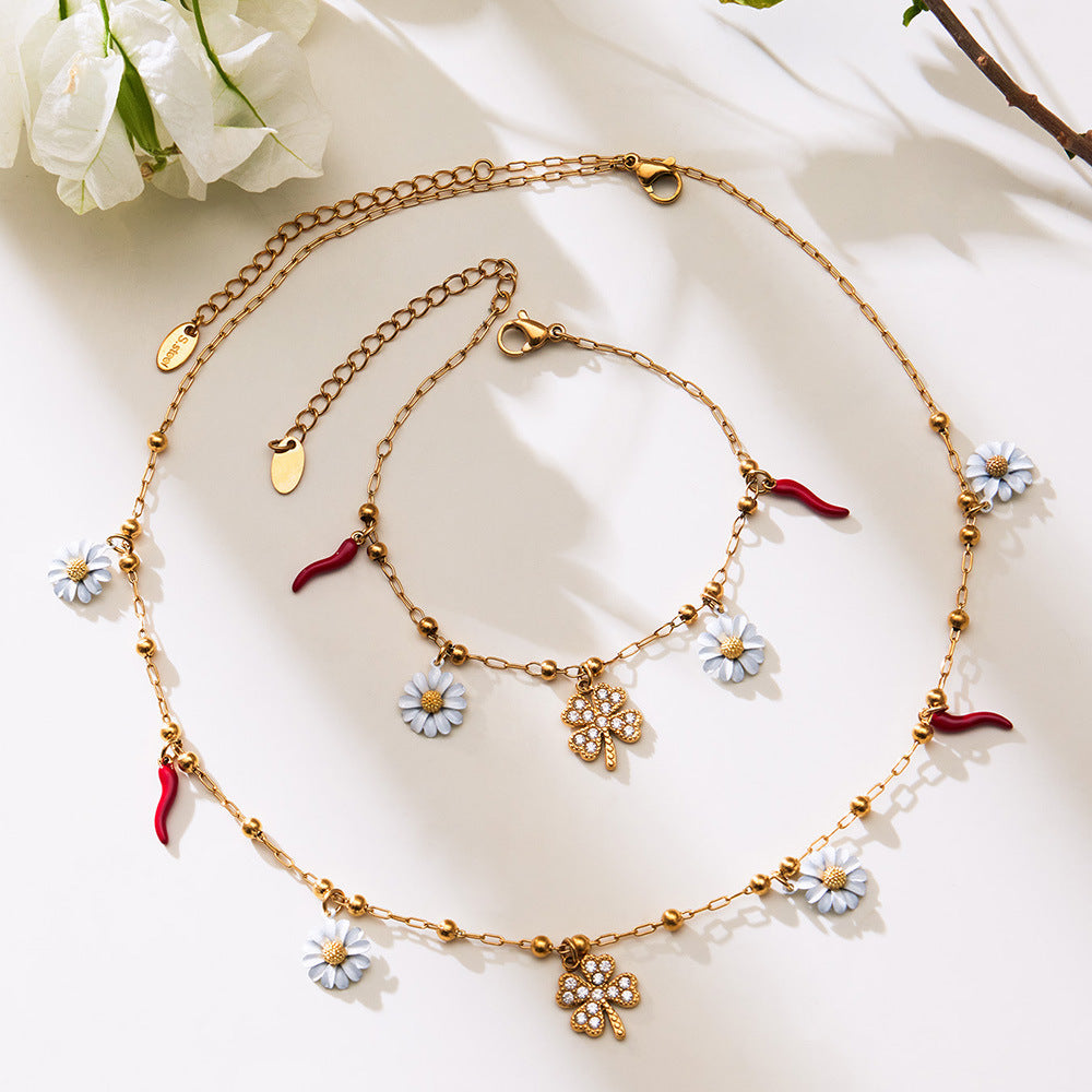 316L Stainless Steel 18K Gold Plated Enamel White Daisy & Clover Bracelet & Necklace - Image 2