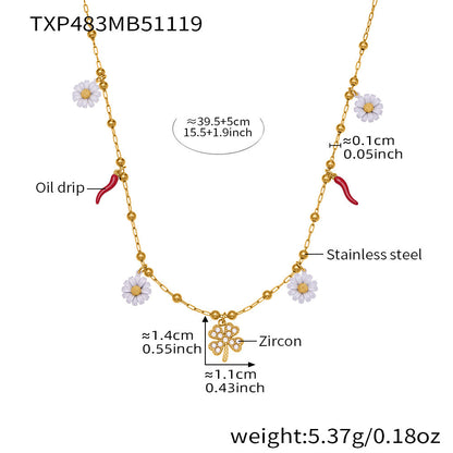 316L Stainless Steel 18K Gold Plated Enamel White Daisy & Clover Bracelet & Necklace - Image 6