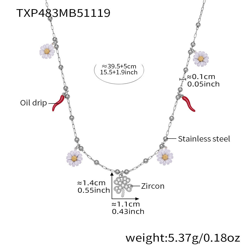 316L Stainless Steel 18K Gold Plated Enamel White Daisy & Clover Bracelet & Necklace - Image 7