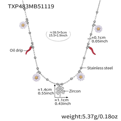 316L Stainless Steel 18K Gold Plated Enamel White Daisy & Clover Bracelet & Necklace - Image 7