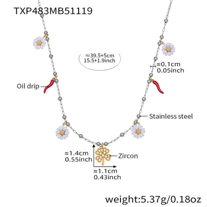 316L Stainless Steel 18K Gold Plated Enamel White Daisy & Clover Bracelet & Necklace - Image 8