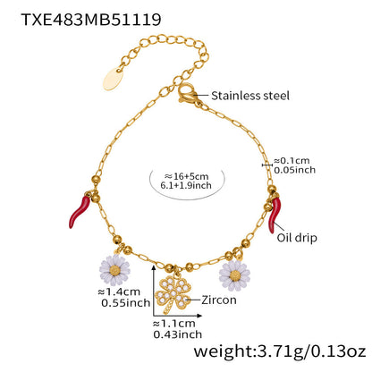 316L Stainless Steel 18K Gold Plated Enamel White Daisy & Clover Bracelet & Necklace - Image 9