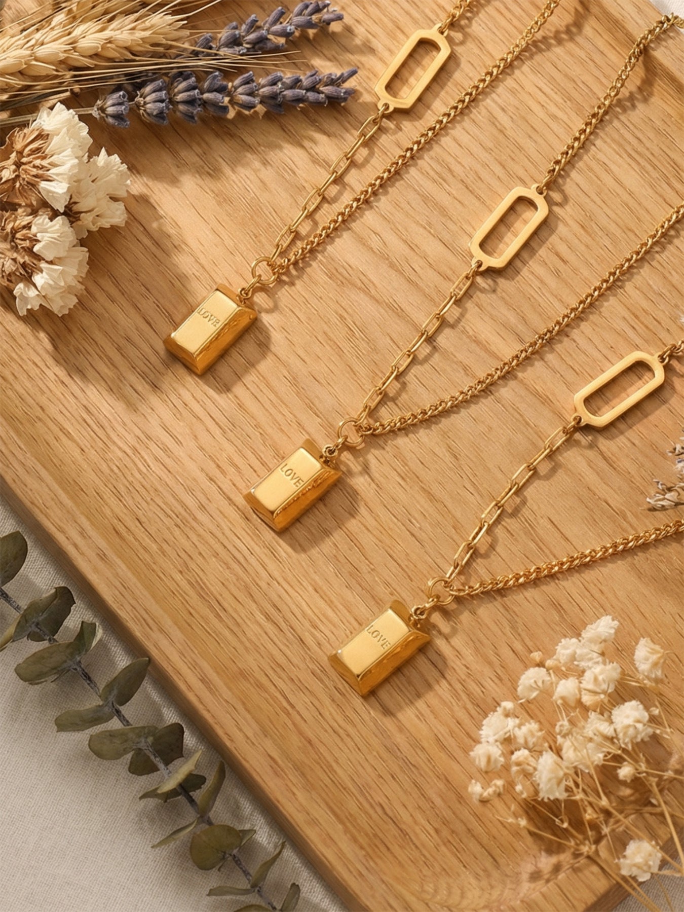 316L Stainless Steel 18K Gold Plated Engraved Letter Good Fortune Bar Pendant Necklace - Image 1