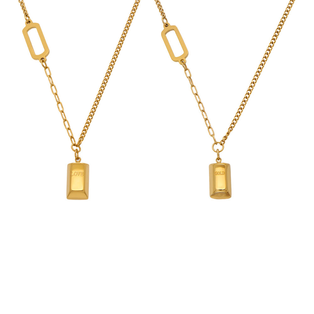 316L Stainless Steel 18K Gold Plated Engraved Letter Good Fortune Bar Pendant Necklace - Image 11