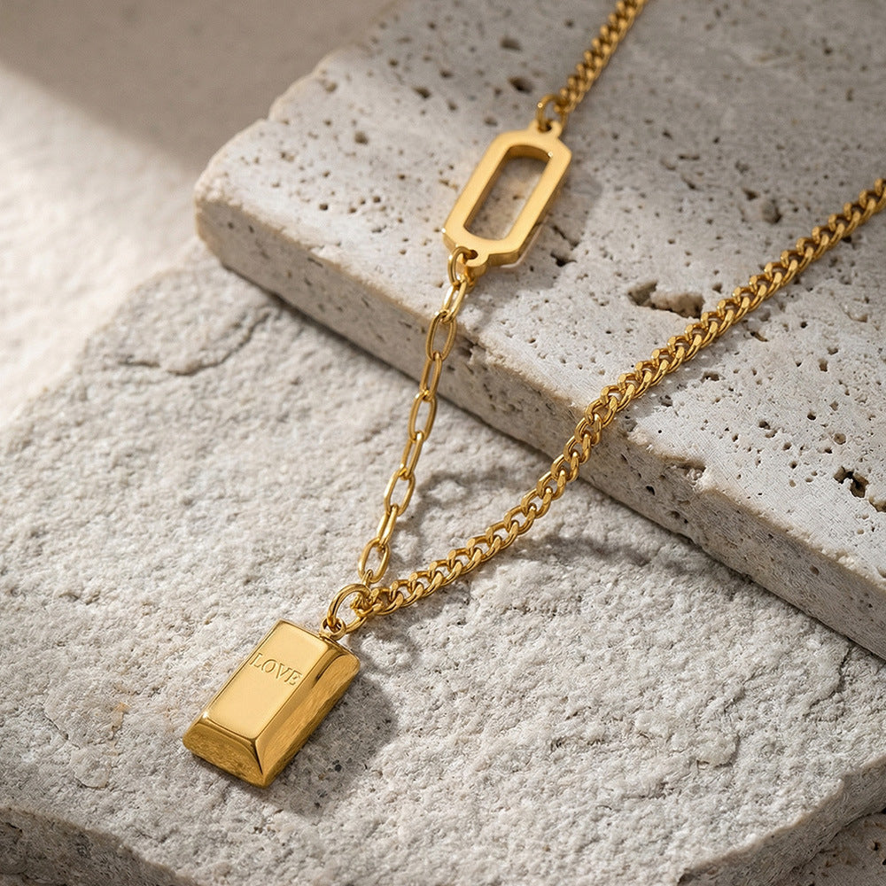 316L Stainless Steel 18K Gold Plated Engraved Letter Good Fortune Bar Pendant Necklace - Image 12