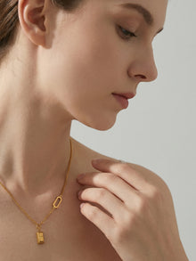 316L Stainless Steel 18K Gold Plated Engraved Letter Good Fortune Bar Pendant Necklace - Image 2