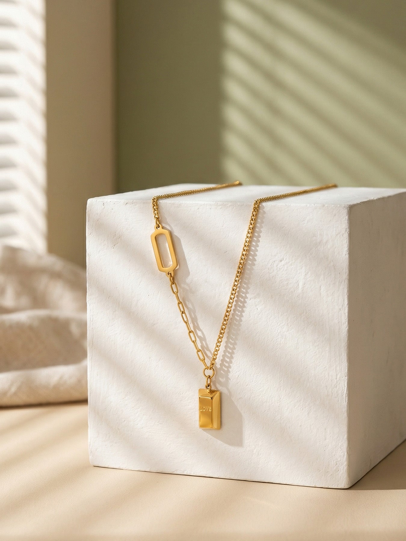 316L Stainless Steel 18K Gold Plated Engraved Letter Good Fortune Bar Pendant Necklace - Image 3