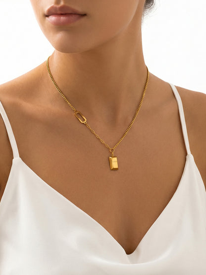 316L Stainless Steel 18K Gold Plated Engraved Letter Good Fortune Bar Pendant Necklace - Image 4