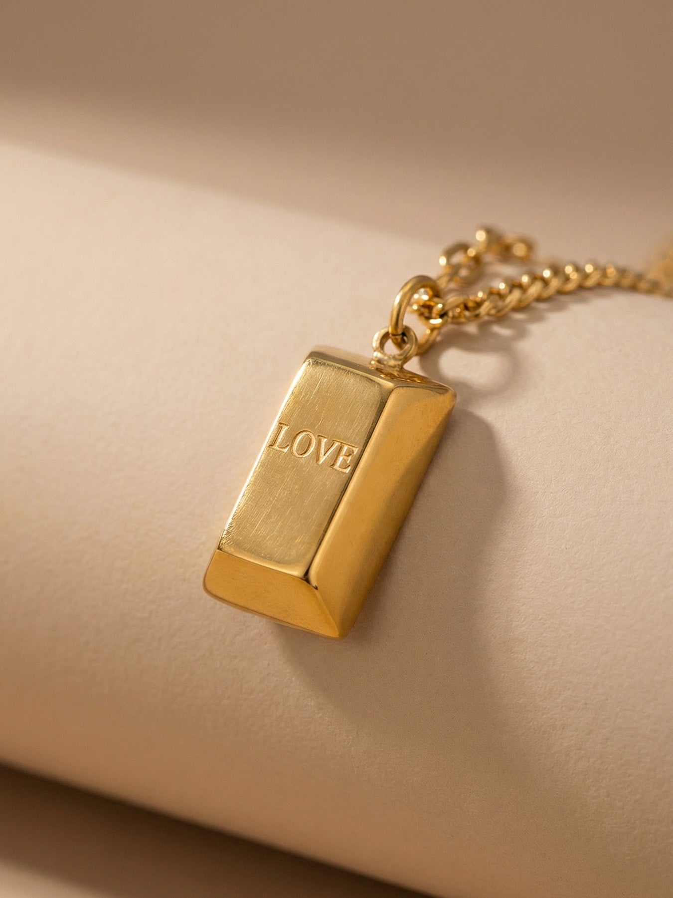 316L Stainless Steel 18K Gold Plated Engraved Letter Good Fortune Bar Pendant Necklace - Image 5